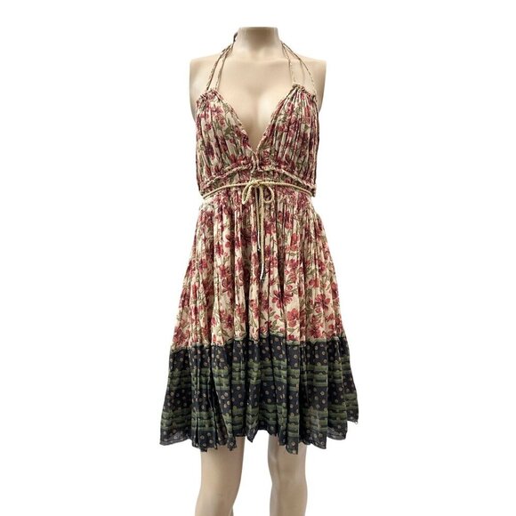 Free People Boho Floral Plunge Halter Neck Swing Sundress Rope Tie Waist Women M - Picture 1 of 9